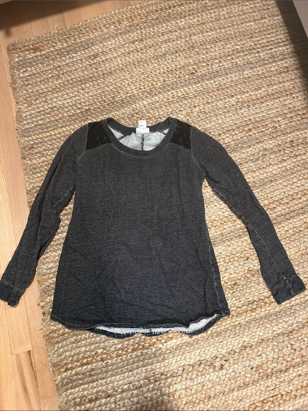 Motherhood Maternity Charcoal Long Sleeve Crew with Black Lace Shoulder Panels